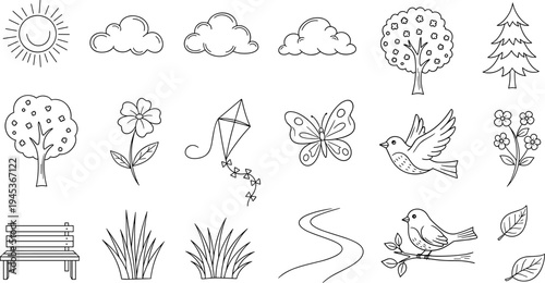 Whimsical hand-drawn collection of spring and summer nature elements for design