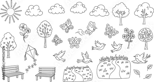 Collection of amusement park and nature elements in a simple line art style