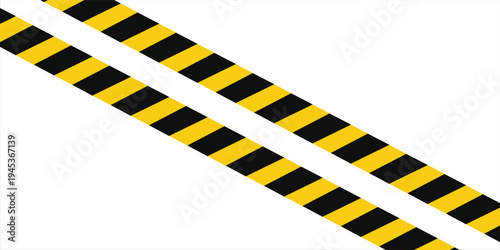 Warning tape with yellow and black diagonal stripes. Warn stop seamless line. Yellow and black caution tape border.
