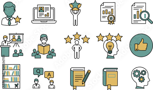 Vector icons illustrating concepts of learning evaluation feedback and success in business and education settings
