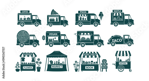 Various Street Food Trucks and Outdoor Market Stalls Vector Icons for Coffee Pizza Tacos and Flowers