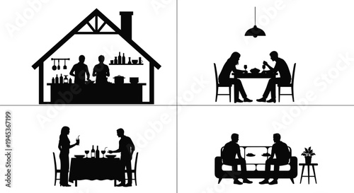 couples dining and talking at home silhouettes set, family dinner, kitchen cooking, restaurant meeting, lifestyle illustration concept