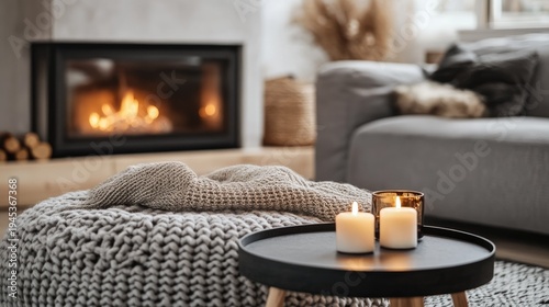 A cozy living room with a fireplace and candles on a coffee table