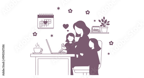 flat vector Working Mom with Kids isolated on White Background vector background, vector illustration