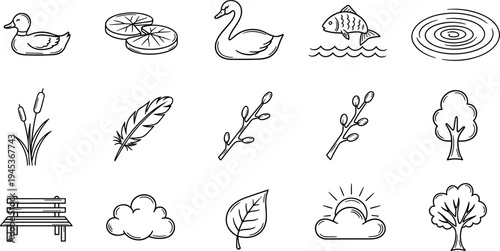 Collection of simple line art drawings of nature elements and animals for design