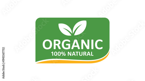 A green organic label featuring two white leaves and bold text