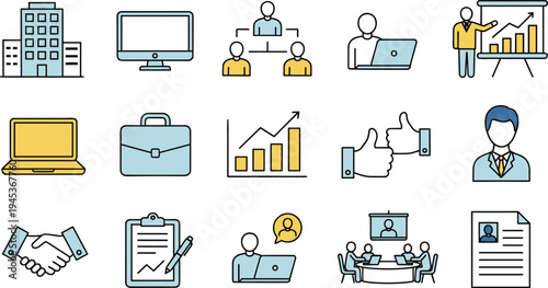 Corporate business operation icons highlighting office employment and financial growth metrics easily