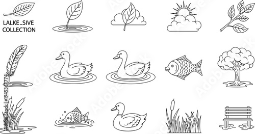Collection of simple line art icons representing nature and park elements