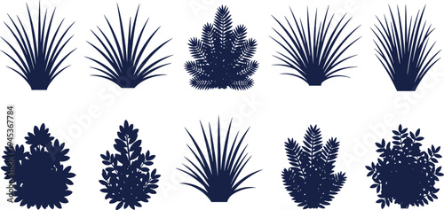 Botanical plant silhouettes collection vector illustration with tropical foliage bushes and agave shapes for garden design nature landscaping graphics