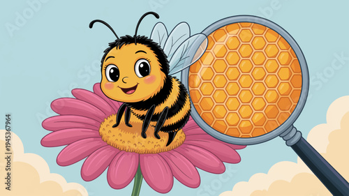 Cartoon bee on pink flower with magnifying glass showing honeycomb sunny sky background
