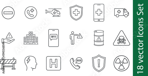 Medical emergency line icons set. Collection of healthcare rescue line icons, including ambulance, hospital, emergency call, warning, shield, hazardous material and more.