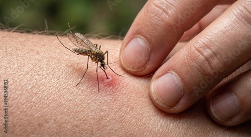 Close up of mosquito biting human skin with red irritation. Insect bite and mosquito problem concept