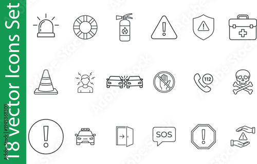 Safety and emergency line icons set. Collection of warning protection line icons, containing alert, first aid, fire extinguisher, accident, emergency call, hazard and more.