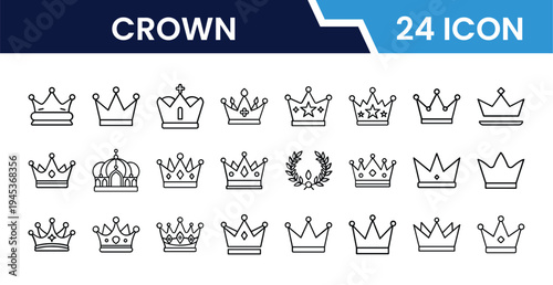 Outline Crown Icon Set in Line Art Style for Royalty, Luxury, Winner, Achievement, Leadership, and Digital Interface Design