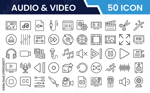 Outline Audio and Video Icon Set in Line Art Style for Music, Sound Recording, Camera, Film, Streaming, and Digital Interface Design