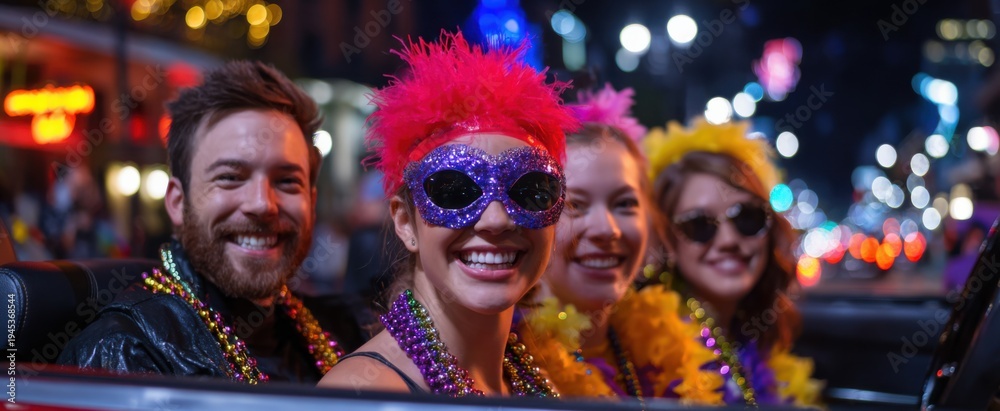 Obraz premium group cheers with joy at a lively mardi gras parade from a festive convertible car