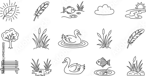 Collection of simple line art icons representing nature and park elements