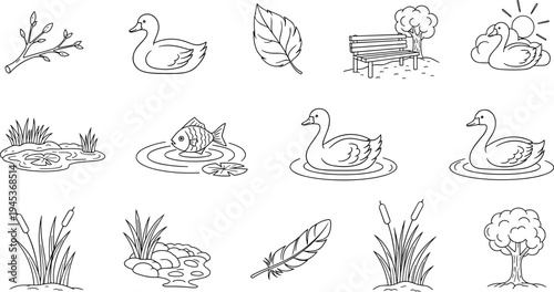 Collection of nature and wildlife line art icons depicting a park and pond scene