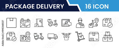Outline Package Delivery Icon Set in Line Art Style for Parcel, Shipping, Courier Service, Logistics, Freight, and Digital Interface Design