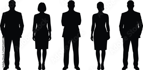 Business people silhouettes standing set, male and female professionals corporate team leadership office worker vector illustration collection