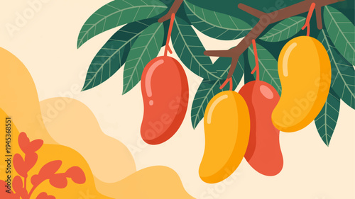 Vibrant mango fruits hanging from tree branch with green leaves against abstract yellow background
