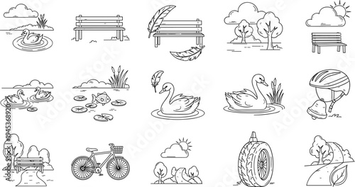 Collection of line art illustrations depicting swans, ducks, fish, feathers, and park benches
