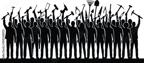 Construction workers tools silhouette crowd, labor union teamwork concept with raised hammers shovels wrenches protest vector illustration
