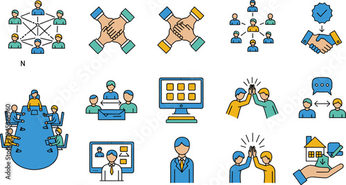 Teamwork and professional collaboration colorful flat icon set with meeting and communication icons