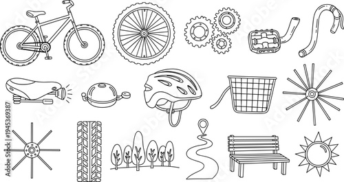 Collection of hand-drawn bicycle parts and outdoor elements in a simple line art style
