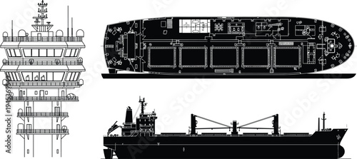Cargo ship technical blueprint with offshore oil platform structure top view deck plan and vessel silhouette maritime engineering vector