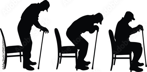 Elderly man with walking cane sitting and standing sequence silhouette, aging mobility support healthcare senior lifestyle vector illustration