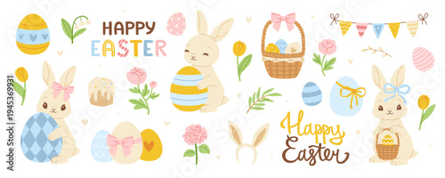 Cute easter set with bunnies and decor. Vintage easter collection with adorable rabbits.