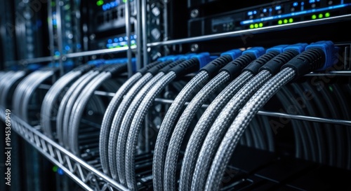 A network of servers and data centers, connected by a series of fiber optic cables, forming a backbone for global communication and data transfer.