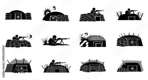 Collection of Silhouette Icons Representing Military Trenches and Soldiers.