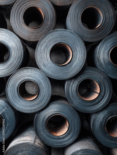 Top-down view of stacked cold-rolled steel coils in industrial warehouse, metallic blue-grey rolls for manufacturing and metalworking industry