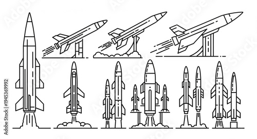 Collection of Rocket Launch Illustrations in Line Art Style.