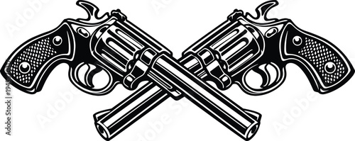 Crossed revolver pistols vintage engraving style, western guns illustration, classic cowboy weapon symbol, retro firearm graphic isolated black white emblem