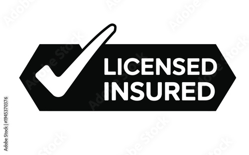 Black and white graphic displaying a checkmark over a licensed insured label