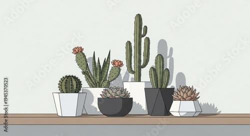 Variety of cacti and succulents in different pots on a wooden shelf against a plain wall