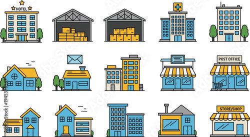 Collection of simple flat design building icons hotel hospital post office store shop and residential houses