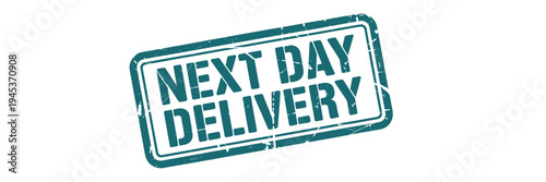 A teal stamp displays the words next day delivery in bold white lettering