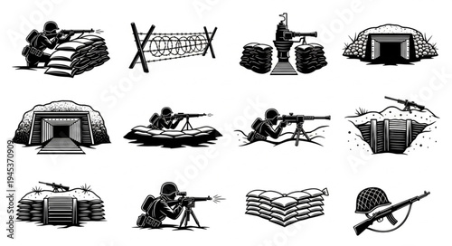 Collection of military trench and bunker illustrations with soldiers.