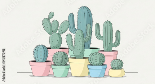 Colorful potted cacti and succulents arrangement in pastel hues on white background