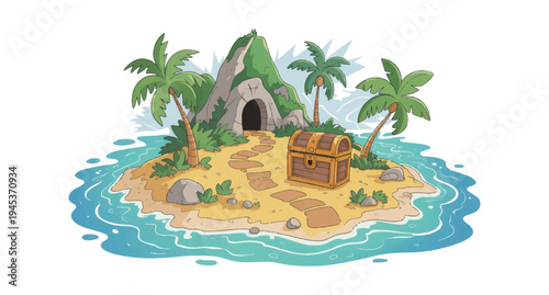  A colorful illustration of a treasure island landscape isolated on transparent background