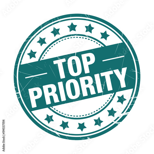 A teal circular stamp proclaims top priority with surrounding star details