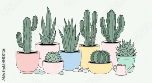 Colorful collection of potted cacti and succulents on a plain background with pastel pots