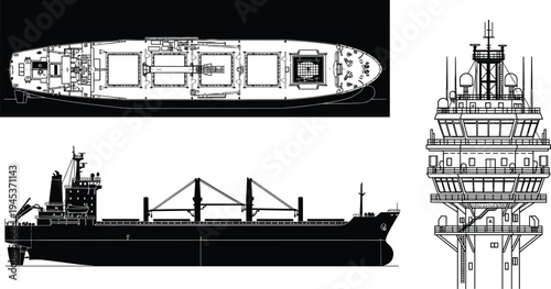 Cargo ship technical blueprint with top view side silhouette and offshore oil platform structure vector for maritime engineering design
