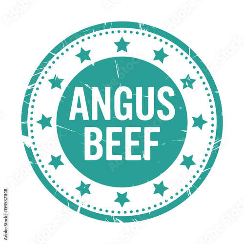 A teal circular stamp displaying the words angus beef with star details