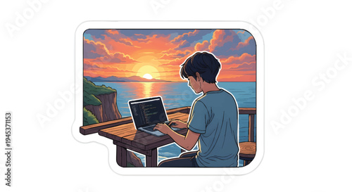 man working on laptop at sunset by ocean