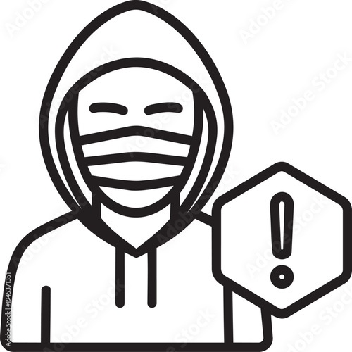 Anonymous hacker wearing hoodie and face mask with alert symbol for cyber crime and digital internet threat vector
